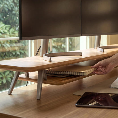 Dual Monitor Stand Riser, Wooden Desk Shelf with 2-Tier Storage