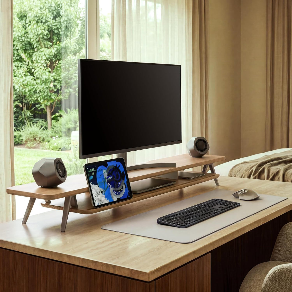Dual Monitor Stand Riser, Wooden Desk Shelf with 2-Tier Storage