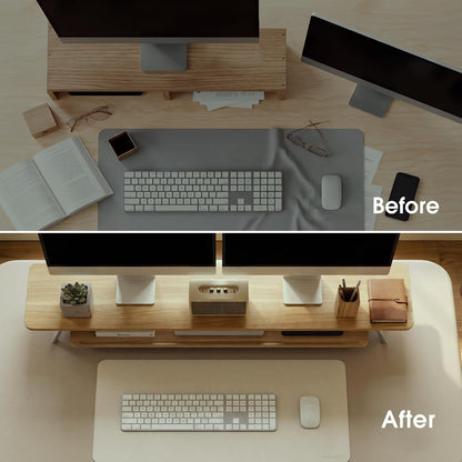 Dual Monitor Stand Riser, Wooden Desk Shelf with 2-Tier Storage