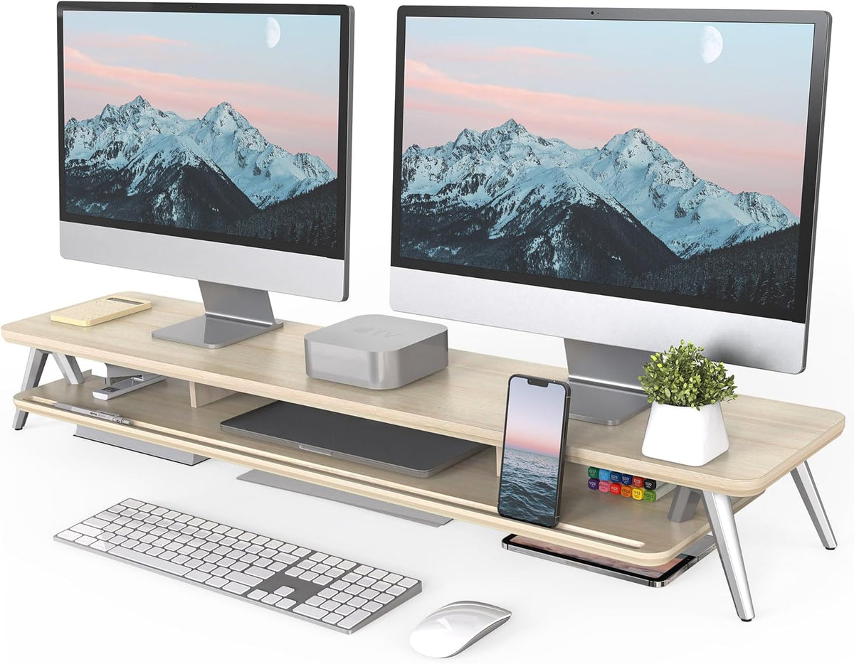 Dual Monitor Stand Riser, Wooden Desk Shelf with 2-Tier Storage