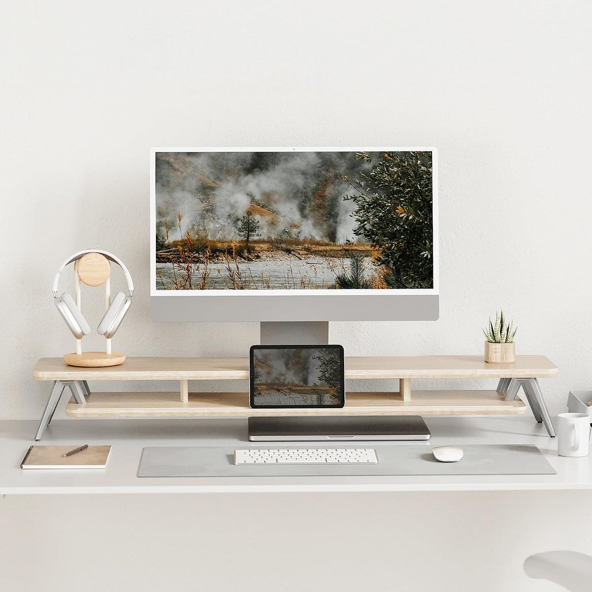 Dual Monitor Stand Riser, Wooden Desk Shelf with 2-Tier Storage