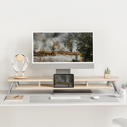 Dual Monitor Stand Riser, Wooden Desk Shelf with 2-Tier Storage