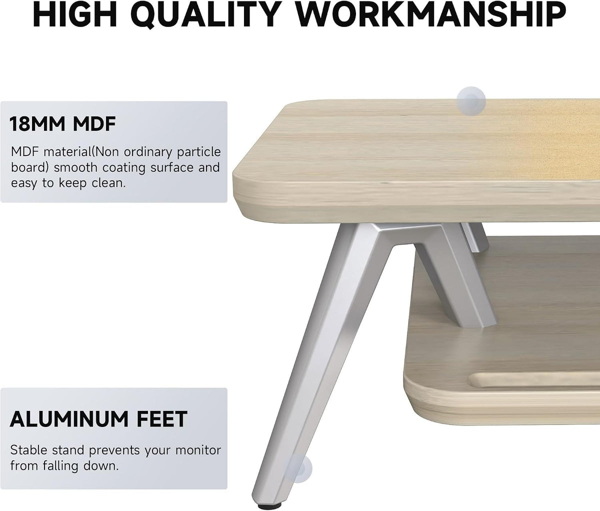 Dual Monitor Stand Riser, Wooden Desk Shelf with 2-Tier Storage