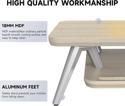 Dual Monitor Stand Riser, Wooden Desk Shelf with 2-Tier Storage