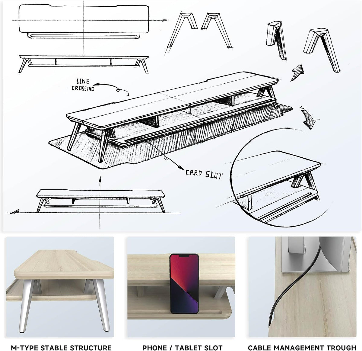 Dual Monitor Stand Riser, Wooden Desk Shelf with 2-Tier Storage