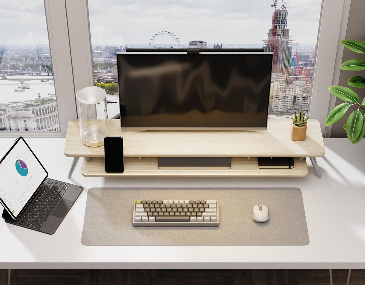 Dual Monitor Stand Riser, Wooden Desk Shelf with 2-Tier Storage