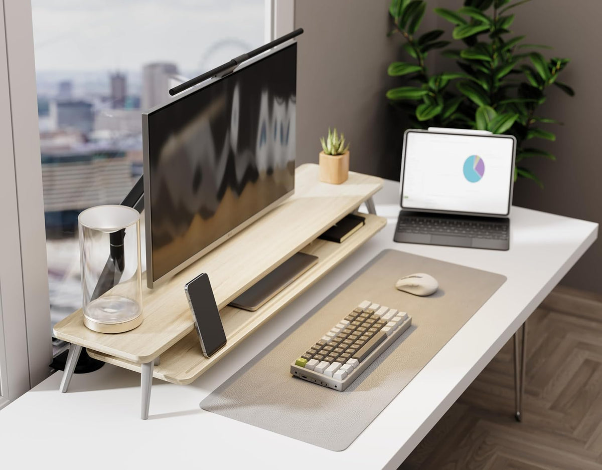 Dual Monitor Stand Riser, Wooden Desk Shelf with 2-Tier Storage