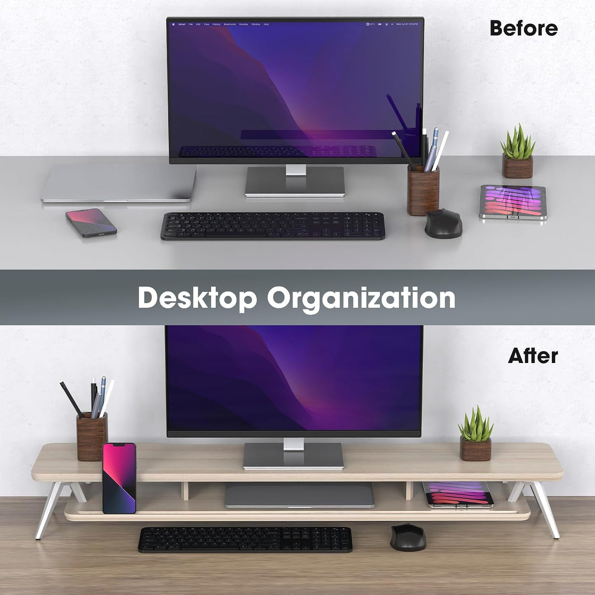 Dual Monitor Stand Riser, Wooden Desk Shelf with 2-Tier Storage