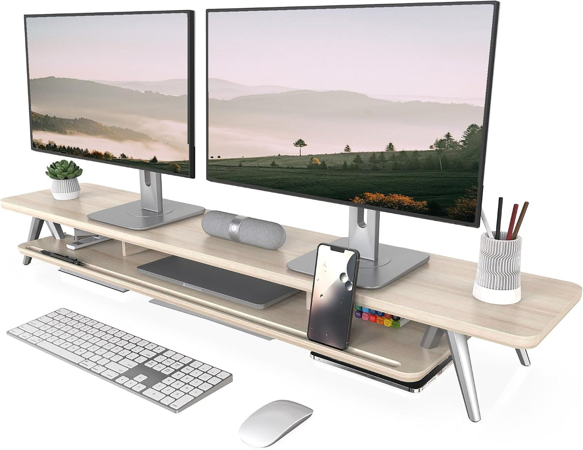 Dual Monitor Stand Riser, Wooden Desk Shelf with 2-Tier Storage