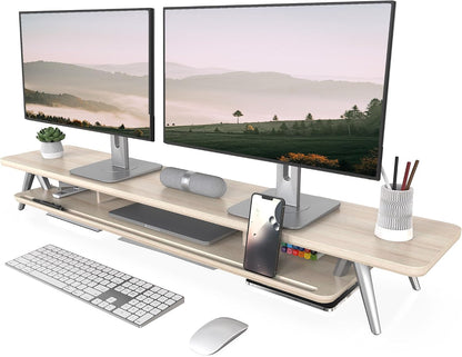 Dual Monitor Stand Riser, Wooden Desk Shelf with 2-Tier Storage