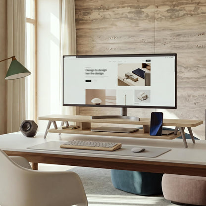 Dual Monitor Stand Riser, Wooden Desk Shelf with 2-Tier Storage