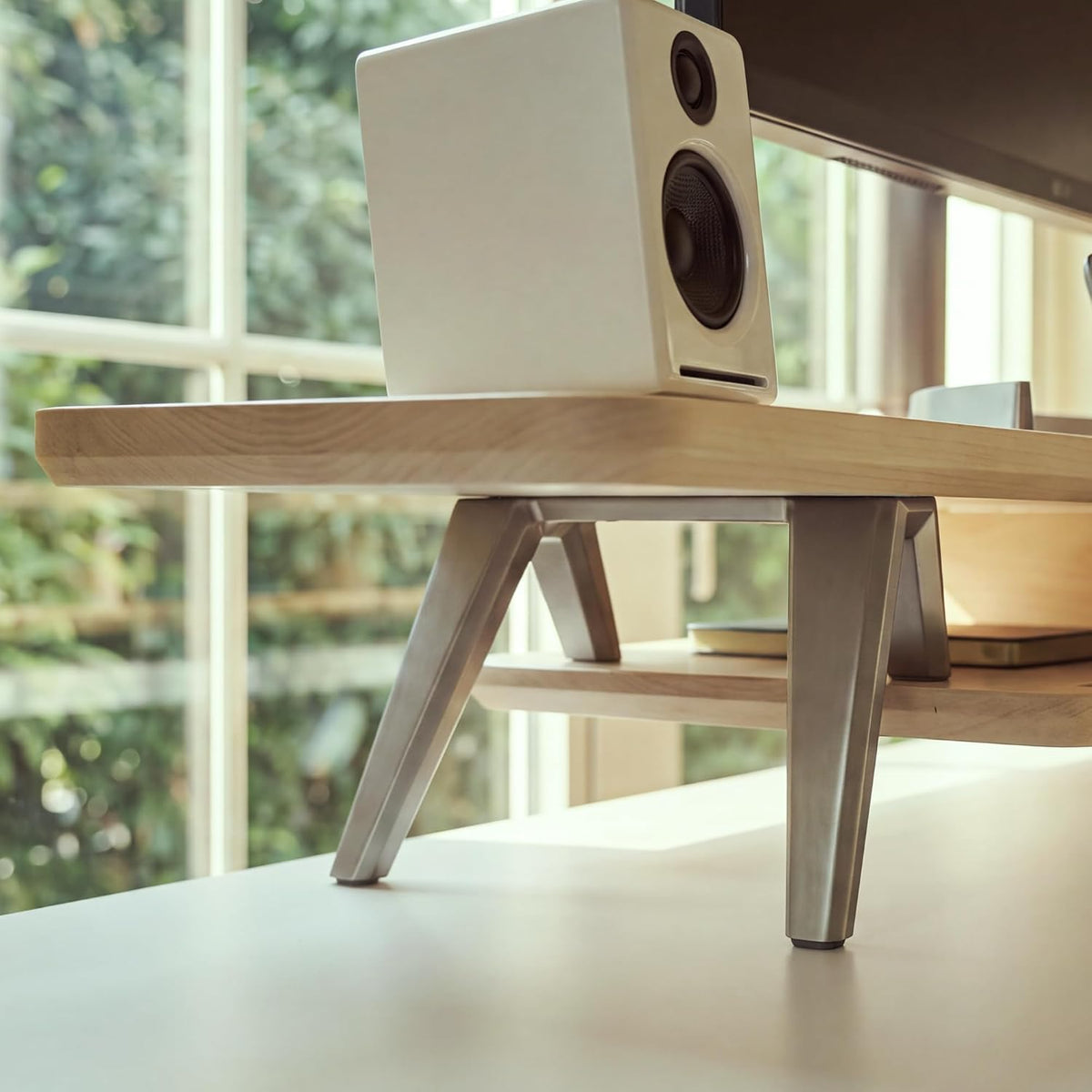 Dual Monitor Stand Riser, Wooden Desk Shelf with 2-Tier Storage