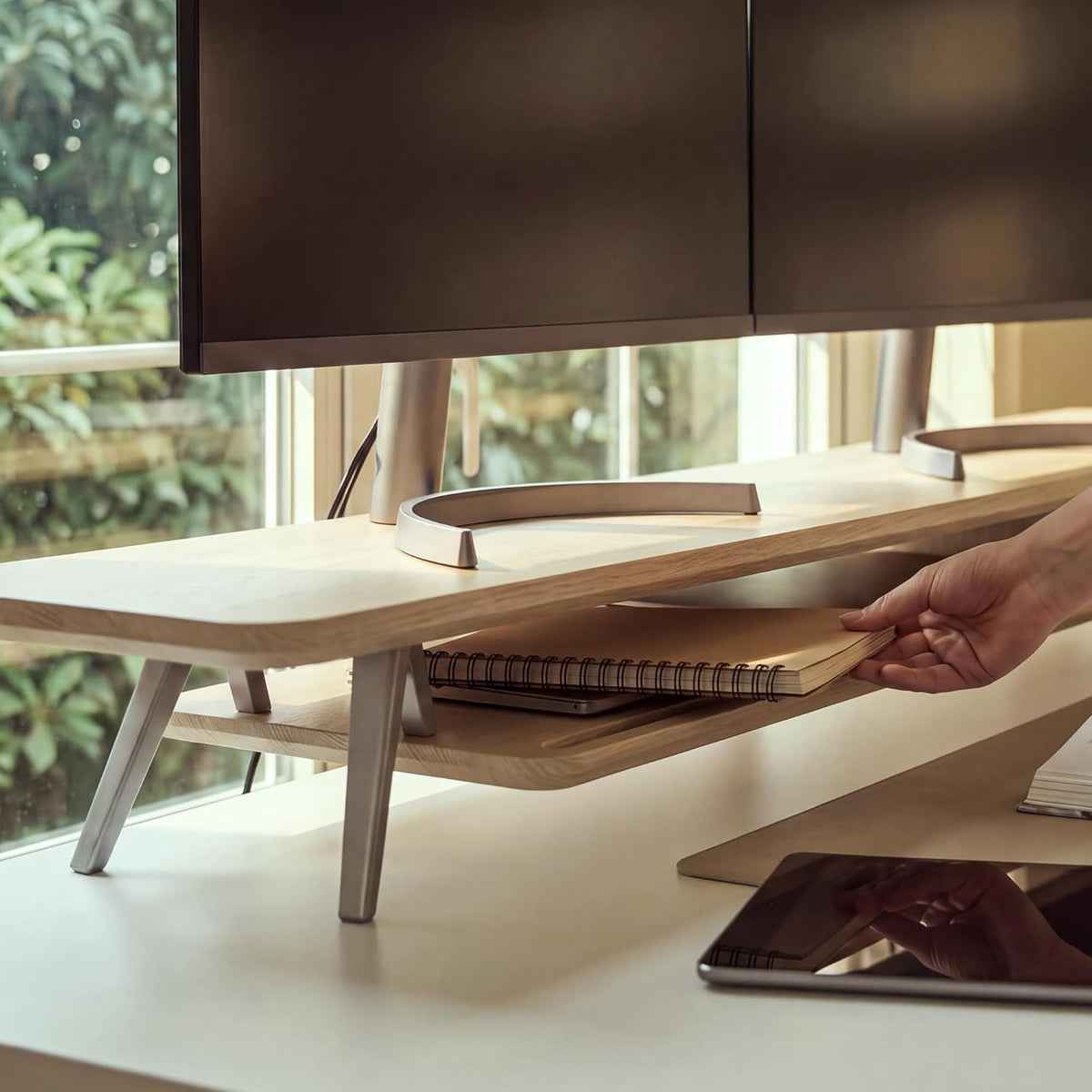 Dual Monitor Stand Riser, Wooden Desk Shelf with 2-Tier Storage