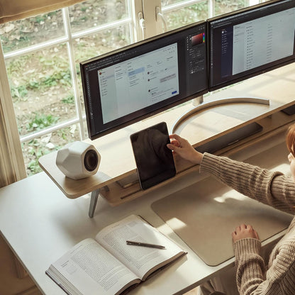 Dual Monitor Stand Riser, Wooden Desk Shelf with 2-Tier Storage