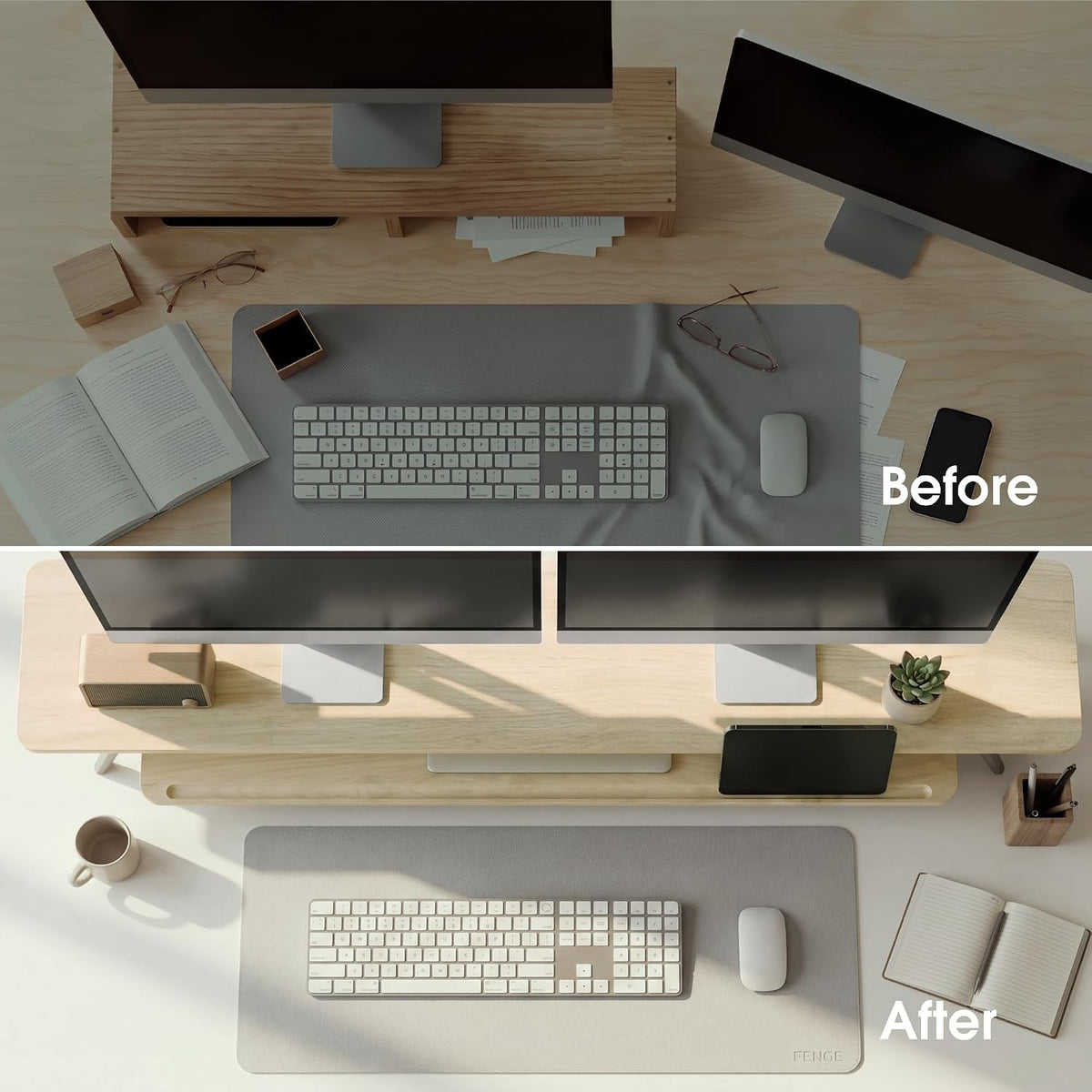 Dual Monitor Stand Riser, Wooden Desk Shelf with 2-Tier Storage
