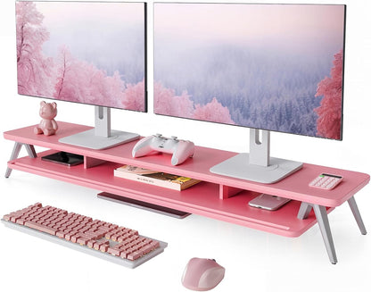 Dual Monitor Stand Riser, Wooden Desk Shelf with 2-Tier Storage