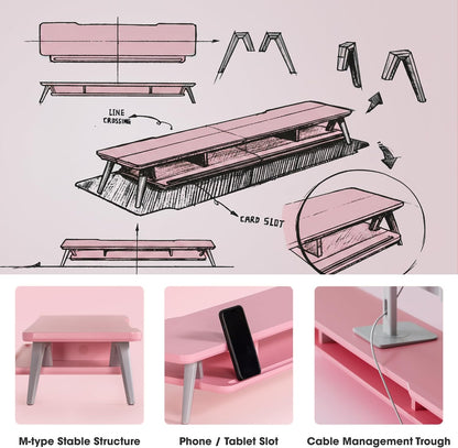 Dual Monitor Stand Riser, Wooden Desk Shelf with 2-Tier Storage