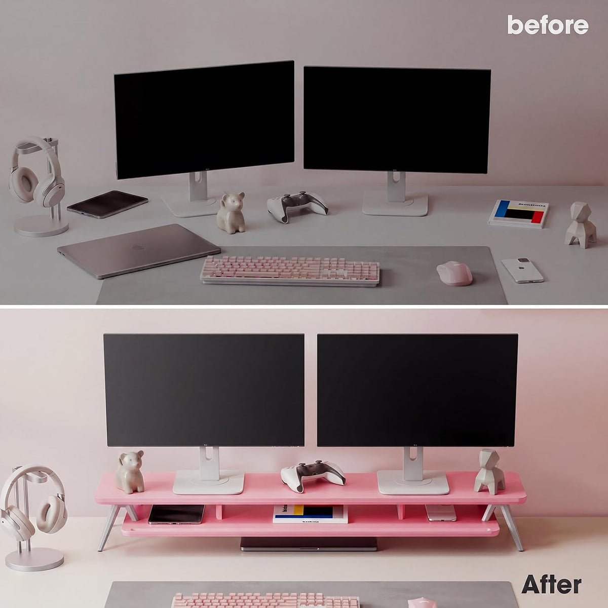 Dual Monitor Stand Riser, Wooden Desk Shelf with 2-Tier Storage