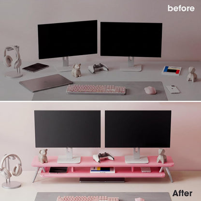 Dual Monitor Stand Riser, Wooden Desk Shelf with 2-Tier Storage