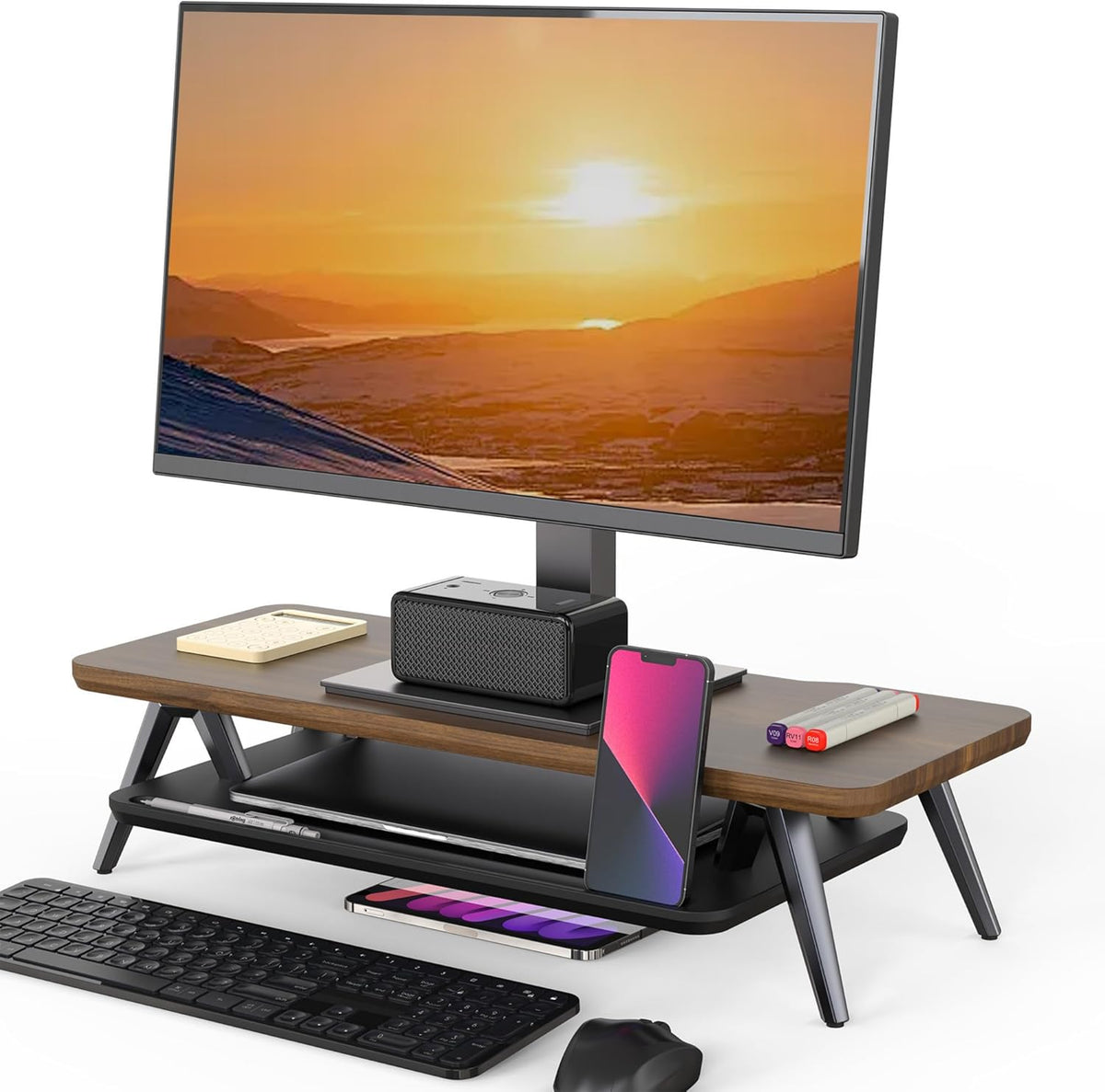 Dual Monitor Stand Riser, Wooden Desk Shelf with 2-Tier Storage