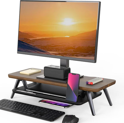 Dual Monitor Stand Riser, Wooden Desk Shelf with 2-Tier Storage