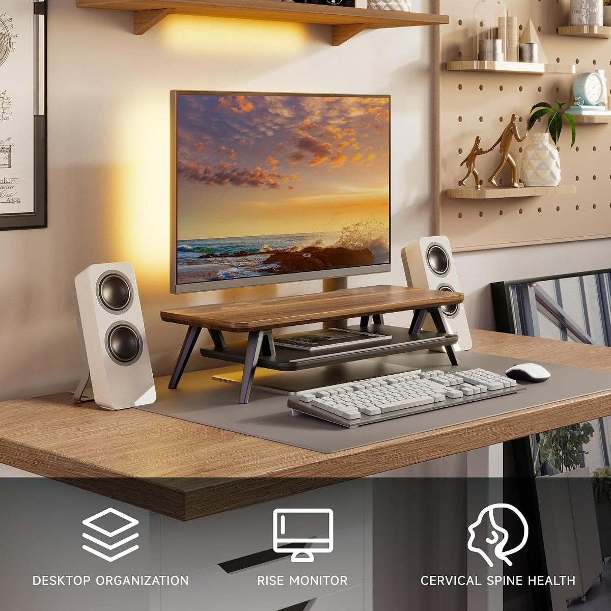 Dual Monitor Stand Riser, Wooden Desk Shelf with 2-Tier Storage