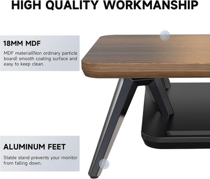 Dual Monitor Stand Riser, Wooden Desk Shelf with 2-Tier Storage