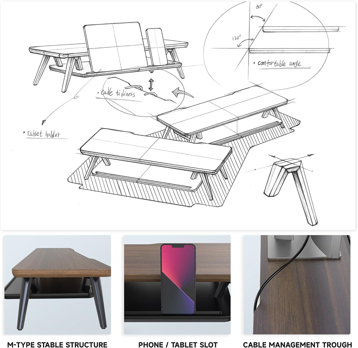 Dual Monitor Stand Riser, Wooden Desk Shelf with 2-Tier Storage