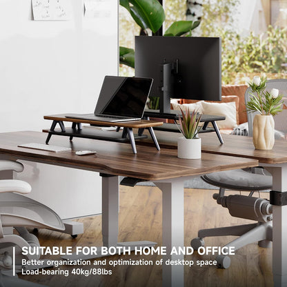 Dual Monitor Stand Riser, Wooden Desk Shelf with 2-Tier Storage