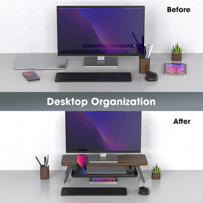 Dual Monitor Stand Riser, Wooden Desk Shelf with 2-Tier Storage