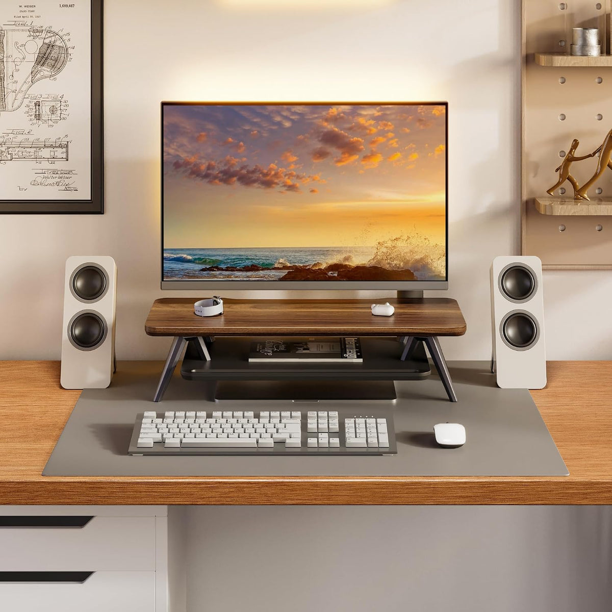 Dual Monitor Stand Riser, Wooden Desk Shelf with 2-Tier Storage