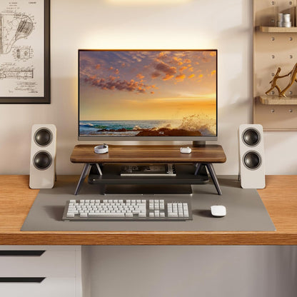 Dual Monitor Stand Riser, Wooden Desk Shelf with 2-Tier Storage