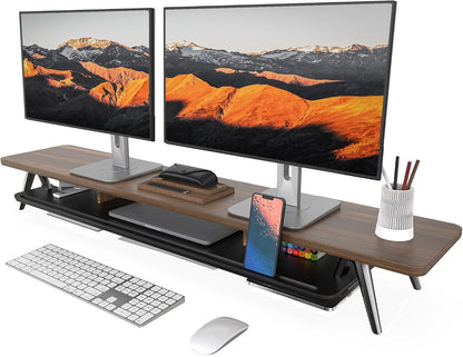 Dual Monitor Stand Riser, Wooden Desk Shelf with 2-Tier Storage