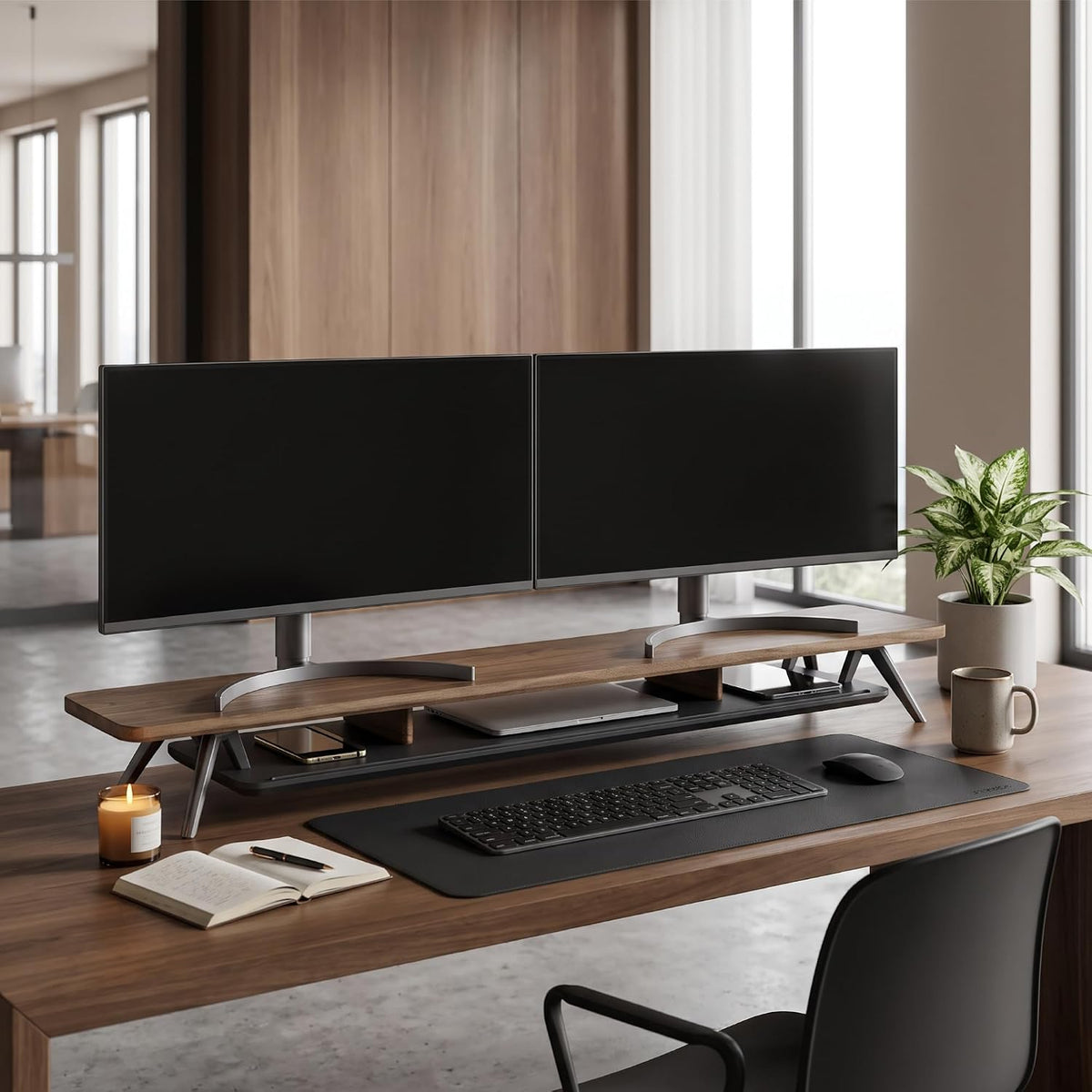 Dual Monitor Stand Riser, Wooden Desk Shelf with 2-Tier Storage