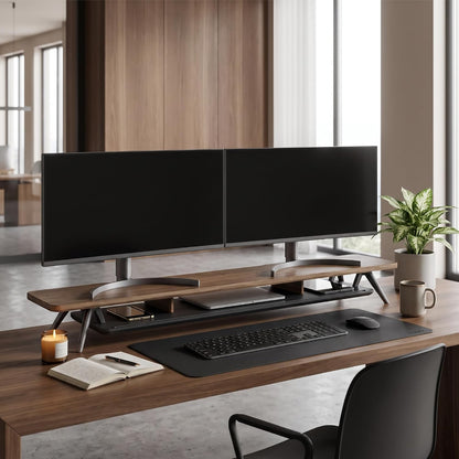 Dual Monitor Stand Riser, Wooden Desk Shelf with 2-Tier Storage