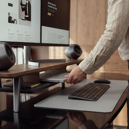 Dual Monitor Stand Riser, Wooden Desk Shelf with 2-Tier Storage