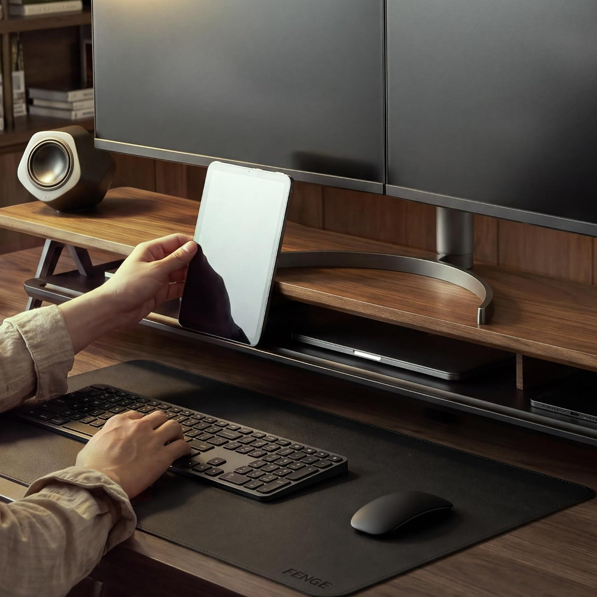 Dual Monitor Stand Riser, Wooden Desk Shelf with 2-Tier Storage