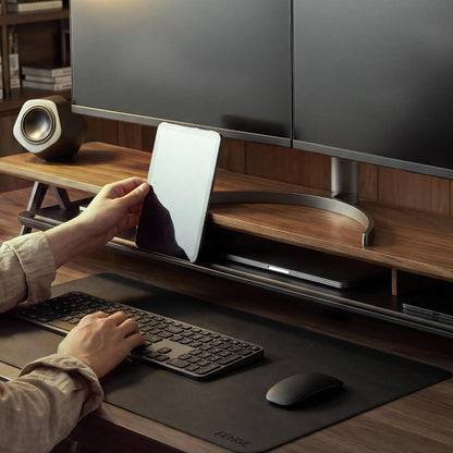 Dual Monitor Stand Riser, Wooden Desk Shelf with 2-Tier Storage
