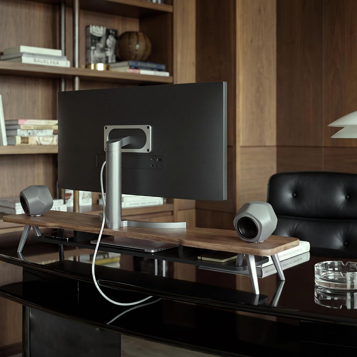 Dual Monitor Stand Riser, Wooden Desk Shelf with 2-Tier Storage