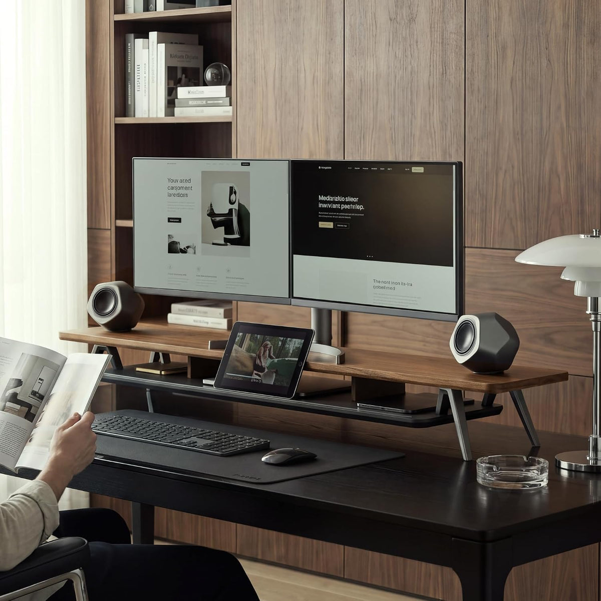 Dual Monitor Stand Riser, Wooden Desk Shelf with 2-Tier Storage