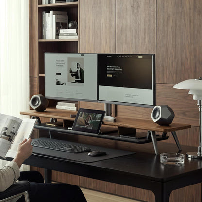 Dual Monitor Stand Riser, Wooden Desk Shelf with 2-Tier Storage