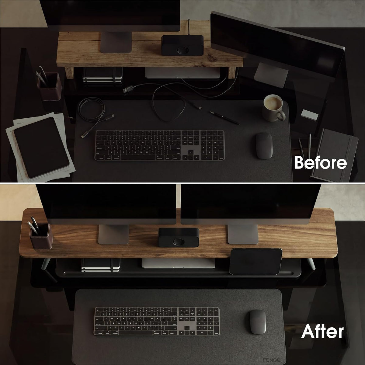 Dual Monitor Stand Riser, Wooden Desk Shelf with 2-Tier Storage
