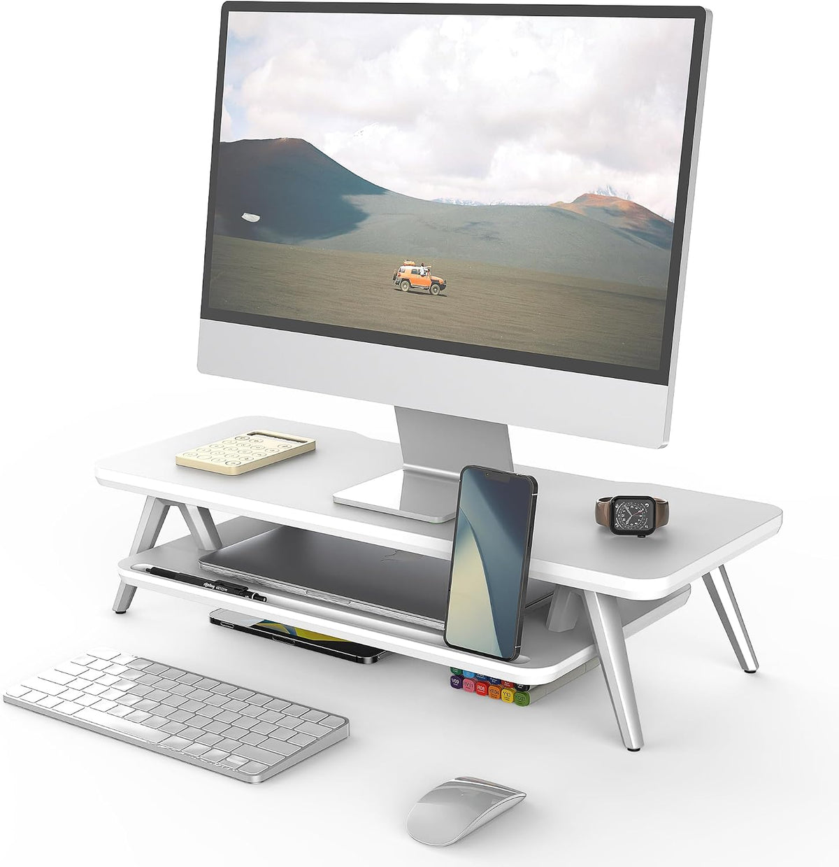 Dual Monitor Stand Riser, Wooden Desk Shelf with 2-Tier Storage