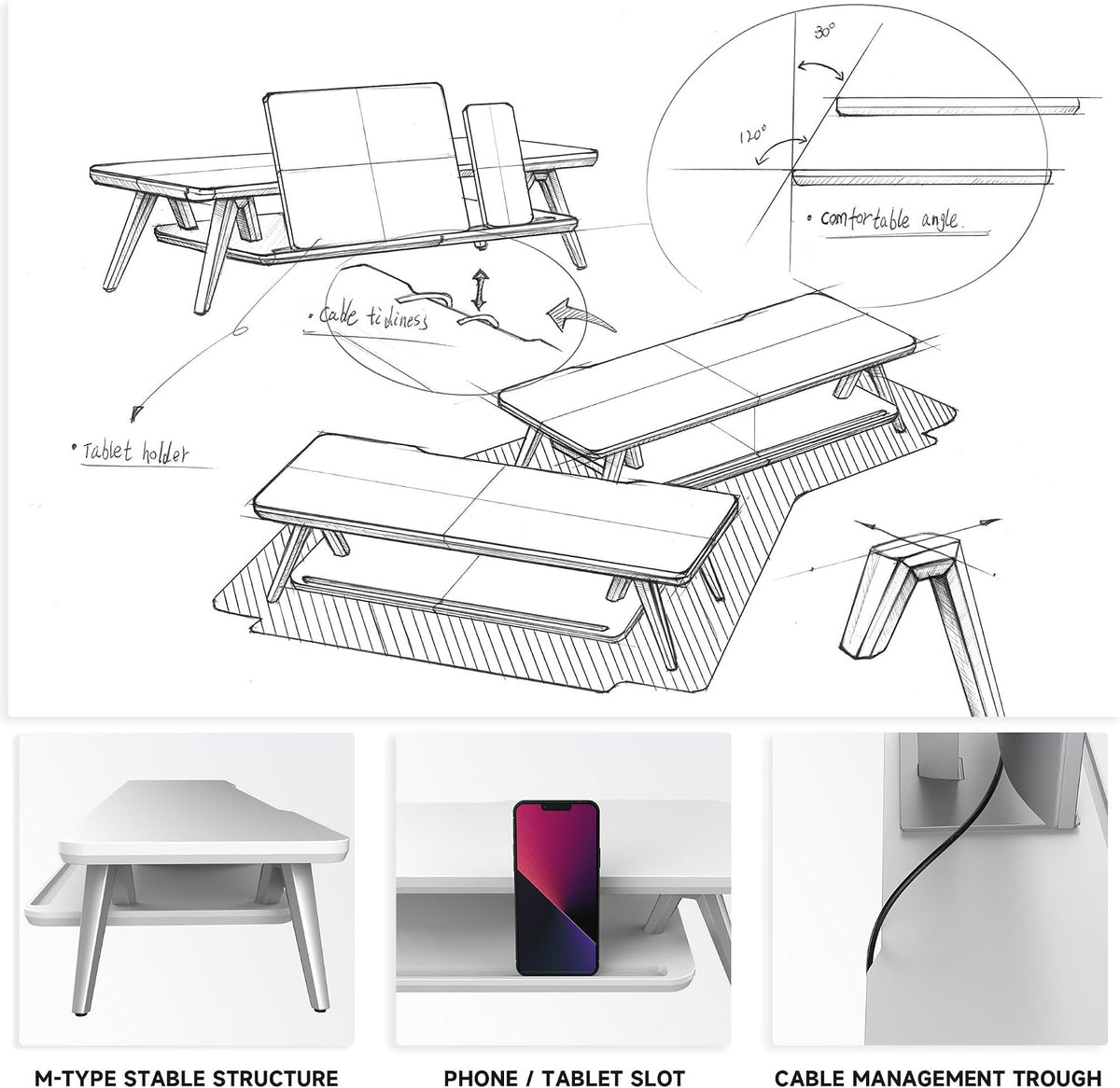 Dual Monitor Stand Riser, Wooden Desk Shelf with 2-Tier Storage