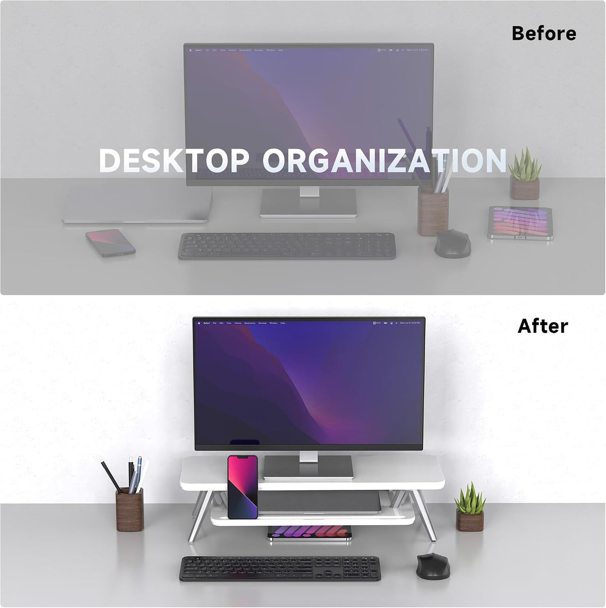 Dual Monitor Stand Riser, Wooden Desk Shelf with 2-Tier Storage
