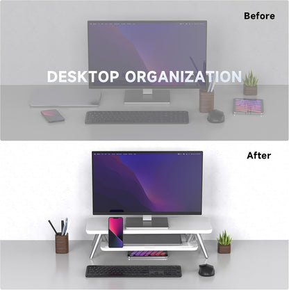 Dual Monitor Stand Riser, Wooden Desk Shelf with 2-Tier Storage