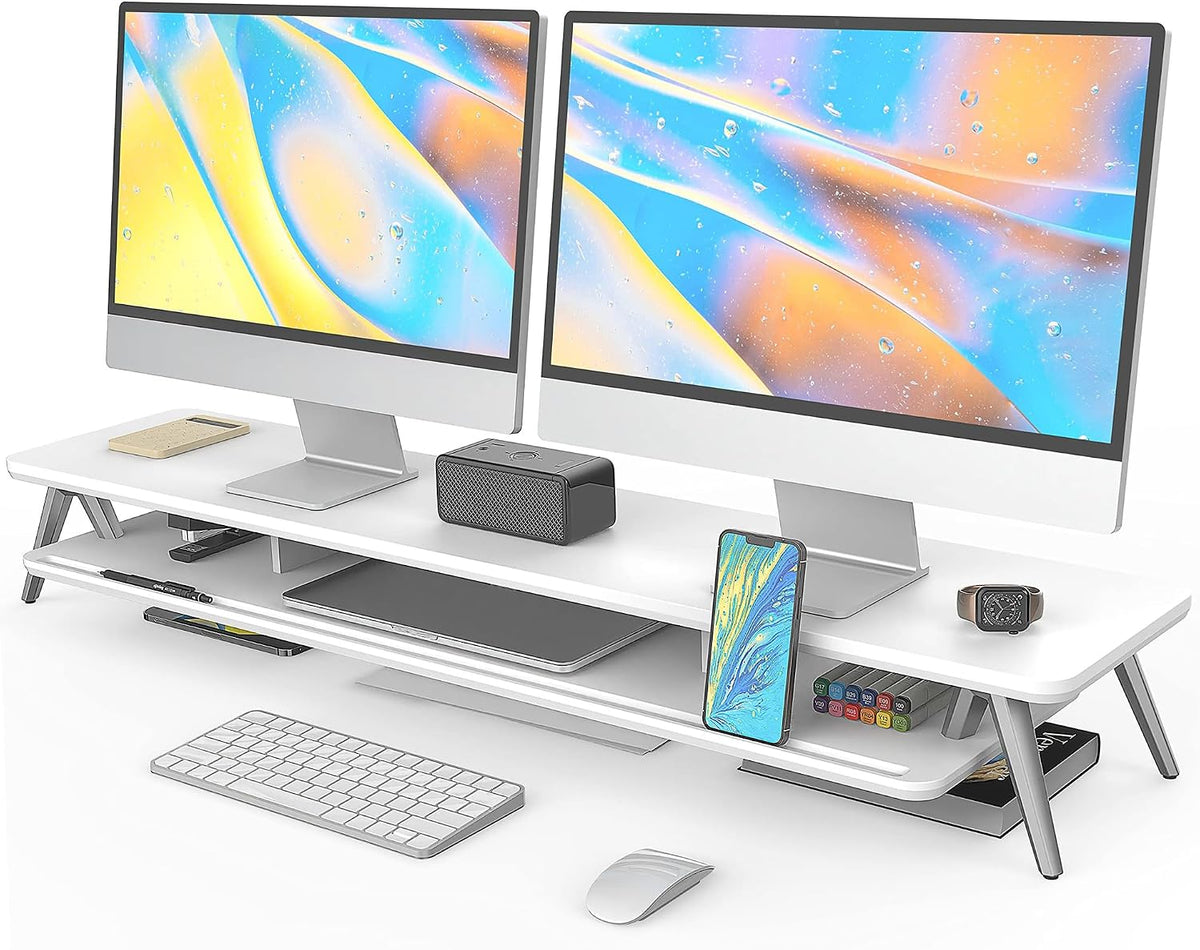 Dual Monitor Stand Riser, Wooden Desk Shelf with 2-Tier Storage