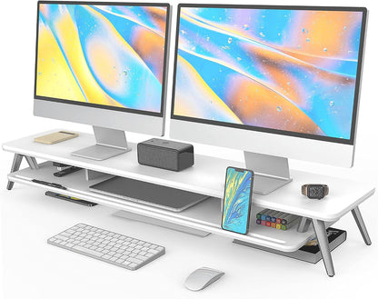 Dual Monitor Stand Riser, Wooden Desk Shelf with 2-Tier Storage