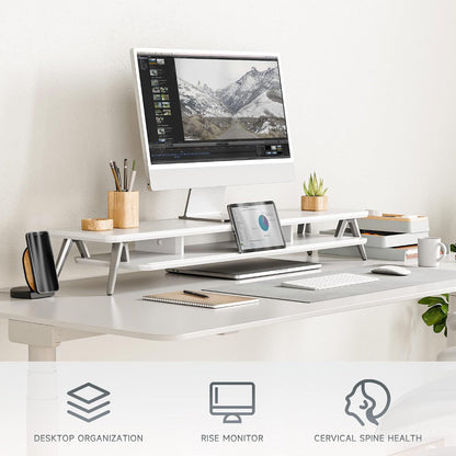 Dual Monitor Stand Riser, Wooden Desk Shelf with 2-Tier Storage