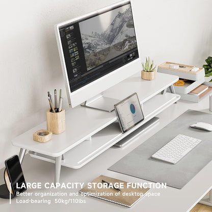 Dual Monitor Stand Riser, Wooden Desk Shelf with 2-Tier Storage